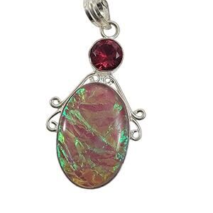 Pink Fire Opal Pendant – With Red Garnet Accents + 20" Sterling Silver Chain